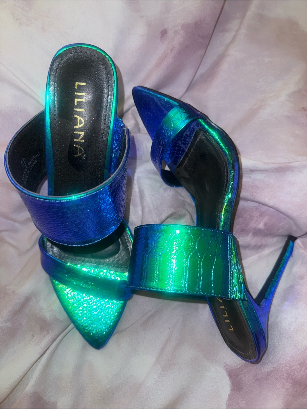 Liliana Iridescent Green-Blue Pointed Toe Stiletto Mules